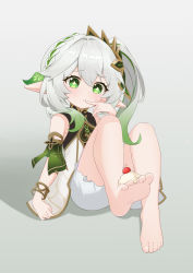 Rule 34 | 1girl, absurdres, barefoot, bracelet, braid, cherry, dress, feet, finger to mouth, food, food on toes, foot focus, fruit, genshin impact, gradient hair, green eyes, green hair, grey background, grey hair, hair ornament, highres, ice cream, jewelry, knees up, leg up, legs, long hair, multicolored hair, nahida (genshin impact), pointy ears, short dress, shorts, shorts under dress, side ponytail, simple background, sitting, sleeveless, sleeveless dress, solo, tears, thighs, toes, two-tone hair, white dress, white shorts, yaoli (ysxbd)