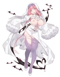 Rule 34 | 1girl, asymmetrical legwear, bat (animal), belt, blush, book, bow, bowtie, breasts, breasts out, commentary, demon girl, demon tail, demon wings, detached sleeves, dress, fang, frilled sleeves, frills, heart, highres, large breasts, long hair, looking at viewer, low wings, mismatched legwear, nipples, open mouth, original, pink eyes, pink hair, pink tail, pink wings, purple thighhighs, sakana no ike, simple background, sleeves past wrists, smile, solo, tail, thigh strap, thighhighs, veil, white background, white dress, wings