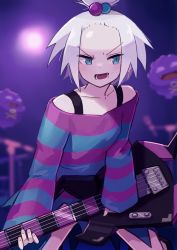 Rule 34 | absurdres, bass guitar, blue eyes, blush, creatures (company), dress, facing viewer, forehead, freckles, game freak, gen 1 pokemon, gym leader, hair bobbles, hair ornament, highres, instrument, katsu (katsupainter), koffing, nintendo, pokemon, pokemon (creature), pokemon bw2, roxie (pokemon), stage, strapless, strapless dress, striped clothes, striped dress, white hair