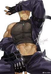 Rule 34 | 1boy, abs, arm on own head, bara, black male underwear, blonde hair, blue eyes, clothes lift, covered abs, covered erect nipples, feet out of frame, jewelry, jin (sirius-j), large pectorals, long sideburns, male focus, male underwear, male underwear peek, mature male, midriff, muscular, muscular male, necklace, off shoulder, open pants, pants, pectorals, rafael (yu-gi-oh!), shirt, shirt lift, short hair, sideburns, single bare shoulder, sitting, solo, spiked hair, stomach, taut clothes, taut shirt, underwear, unzipped, weibo logo, weibo watermark, yu-gi-oh!, yu-gi-oh! duel monsters