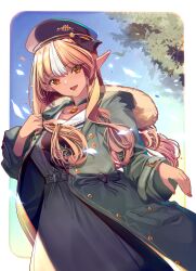 Rule 34 | 1girl, absurdres, blue sky, border, breasts, brooch, brown hair, collarbone, cowboy shot, dark-skinned female, dark skin, dress, dutch angle, falling leaves, fur-trimmed jacket, fur trim, green jacket, hand on own chest, highres, hololive, jacket, jewelry, leaf, long bangs, long hair, long sleeves, looking at viewer, medium breasts, multicolored hair, open clothes, open jacket, orange eyes, outside border, raised eyebrows, shiranui flare, shiranui flare (street), sidelocks, sky, solo, tree, two-tone hair, virtual youtuber, white border, white dress, white hair, yuutarou (fukiiincho)