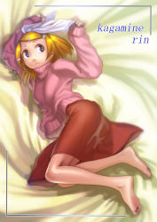 Rule 34 | 1girl, barefoot, blonde hair, blue eyes, bow, character name, collarbone, feet, hair bow, hair ornament, hairclip, highres, kagamine rin, legs, lying, navel, on side, short hair, skirt, sleeves past wrists, soles, solo, soon (c-u-soon), sweater, tattoo, toes, turtleneck, vocaloid