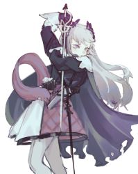 Rule 34 | 1girl, ammunition belt, arknights, black cape, black dress, cape, dress, feet out of frame, grey eyes, grey hair, gun, handgun, hands up, head wings, highres, holding, holding sword, holding weapon, holstered, irene (arknights), june (nakjimya2), long hair, looking at viewer, multicolored clothes, multicolored dress, pantyhose, pink dress, rapier, red pupils, scarf, short hair, simple background, solo, sword, v-shaped eyebrows, weapon, white background, white dress, white pantyhose, wings