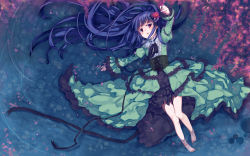 Rule 34 | 10s, 1girl, afloat, bare legs, barefoot, beads, bell, black bow, black ribbon, blue hair, blush, bow, center frills, corset, cross-laced clothes, dress, flat chest, floating hair, flower, frilled sleeves, frills, from above, green dress, hair beads, hair bow, hair flower, hair ornament, highres, holding, holding flower, idolmaster, idolmaster cinderella girls, jingle bell, juliet sleeves, lace trim, leaf, lily pad, long hair, long sleeves, looking at viewer, looking to the side, lying, nemeko, on back, outstretched arms, petals, pinky out, puffy long sleeves, puffy sleeves, reaching, red eyes, red flower, ribbon, ripples, sajo yukimi, solo, striped, striped bow, thigh gap, very long hair, wallpaper, water, wide sleeves, wisteria