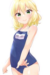 Rule 34 | 10s, 1girl, backlighting, blonde hair, blue one-piece swimsuit, blush, breasts, clenched hand, closed mouth, competition school swimsuit, covered navel, from side, green eyes, hair between eyes, idolmaster, idolmaster cinderella girls, light smile, lips, looking at viewer, name tag, old school swimsuit, one-piece swimsuit, sakurai momoka, school swimsuit, short hair, simple background, small breasts, smile, solo, swimsuit, trente, wavy hair, white background