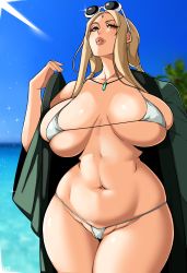 Rule 34 | 1girl, absurdres, alecto 0, belly, bikini, bikini under clothes, blonde hair, blue sky, breasts, breasts apart, brown eyes, brown lips, cameltoe, curvy, day, earrings, eyewear on head, facial mark, forehead mark, green jacket, haori, highres, huge breasts, jacket, japanese clothes, jewelry, lips, long hair, low-tied long hair, mature female, micro bikini, naruto (series), navel, necklace, nose, ocean, open clothes, open jacket, pendant, puffy lips, skindentation, sky, solo, standing, sunglasses, swimsuit, thick thighs, thigh gap, thighs, tsunade (naruto), undressing, white-framed eyewear, white bikini, wide hips