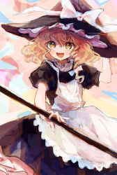 Rule 34 | 1girl, :d, abstract background, adjusting clothes, adjusting headwear, apron, arm up, black hat, blonde hair, bow, dot nose, fang, frills, hair between eyes, hair bow, hat, hat bow, hat ribbon, holding, kirisame marisa, long hair, looking at viewer, nanzuyo (gnsi), open mouth, outstretched hand, petticoat, puffy short sleeves, puffy sleeves, ribbon, short sleeves, smile, solo, touhou, v-shaped eyebrows, wavy hair, white apron, white bow, white ribbon, witch hat, yellow eyes