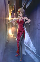 Rule 34 | 1girl, alley, black hair, black pantyhose, blush, breasts, china dress, chinese clothes, corrugated galvanized iron sheet, denhijou niki, dress, high heels, highres, holding, knife, long hair, long legs, looking at viewer, original, pantyhose, red eyes, reverse grip, shoes, side slit, solo, standing, sunlight