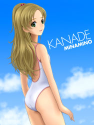 Rule 34 | 1girl, :d, ass, blue sky, brown hair, character name, cloud, cowboy shot, day, dutch angle, from behind, green eyes, hair bobbles, hair ornament, long hair, looking back, minamino kanade, one-piece swimsuit, open mouth, ponytail, precure, sekken kasu barrier, sky, smile, solo, standing, suite precure, swimsuit, very long hair, white one-piece swimsuit
