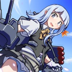 Rule 34 | 1girl, 547th sy, ^^^, adapted costume, ascot, blouse, blue eyes, blue hair, blue sky, blunt bangs, cloud, commentary request, day, dress shirt, dutch angle, grey vest, hatsukaze (kancolle), highres, hime cut, kantai collection, long hair, looking at viewer, machinery, panties, pantyshot, school uniform, shirt, sky, solo, underwear, vest, white panties, white shirt