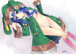Rule 34 | 10s, 1girl, animal ears, blue eyes, blue hair, rabbit ears, date a live, hood, long hair, looking at viewer, matching hair/eyes, navel, open clothes, panties, signature, solo, toyozero, underwear, white panties, yoshino (date a live)