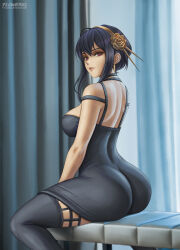 Rule 34 | 1girl, artist name, ass, between legs, black dress, black hair, black thighhighs, blush, breasts, closed mouth, deviantart username, dress, earrings, flower, flowerxl, from behind, gloves, gold earrings, gold hairband, hair flower, hair ornament, hairband, hand between legs, indoors, jewelry, large breasts, lips, long hair, looking at viewer, looking back, nose, red eyes, rose, short hair with long locks, shoulder blades, sidelocks, sitting, skin tight, skindentation, solo, spikes, spy x family, strap gap, thighhighs, thighs, two-sided dress, two-sided fabric, yor briar