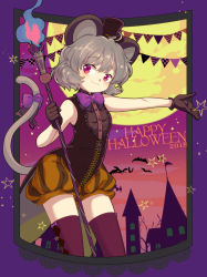 Rule 34 | 1girl, :3, alternate costume, animal ears, bat (animal), black gloves, black hat, black thighhighs, blush, border, bow, bowtie, breasts, brown shorts, building, commentary request, fire, full moon, gloves, grey hair, halloween, hat, head tilt, holding, holding torch, iris anemone, looking at viewer, mini hat, mini top hat, moon, mouse ears, mouse tail, nazrin, orange shorts, outside border, puffy shorts, purple border, purple bow, purple bowtie, red eyes, short hair, shorts, sleeveless, small breasts, smile, solo, star (symbol), striped clothes, striped shorts, tail, tail bow, tail ornament, thighhighs, thighs, top hat, torch, touhou, vertical-striped clothes, vertical-striped shorts