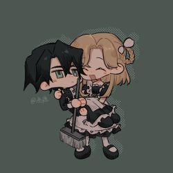 Rule 34 | 1boy, 1girl, apron, black dress, black footwear, blush, braided hair rings, broom, carrying, chibi, closed eyes, dress, frilled dress, frills, highres, holding, holding broom, leiantianxiadiyixd, long sleeves, open mouth, orange hair, parted bangs, rose fryberg, shoes, smile, socks, volcano princess, white apron, white socks, ze (volcano princess)