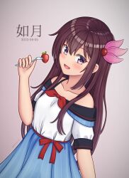 Rule 34 | 1girl, absurdres, alternate costume, bare shoulders, blue skirt, blush, brown hair, collarbone, dated, food, fork, fruit, gradient background, hair ornament, highres, kantai collection, kisaragi (kancolle), konato k, long hair, looking at viewer, official alternate costume, open mouth, pink background, purple eyes, shirt, short sleeves, skirt, smile, solo, strawberry, white shirt