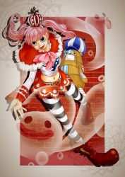 Rule 34 | 1girl, :p, absurdres, black stripes, black thighhighs, blunt bangs, boots, bow, cape, capelet, character doll, crown, ghost, highres, kumacy, long hair, long sleeves, looking at viewer, midriff, navel, one piece, patterned legwear, perona, pink hair, red cape, red footwear, red skirt, shoes, skirt, striped clothes, striped thighhighs, stuffed toy, thighhighs, tongue, tongue out, twintails, two-tone stripes, white stripes, white thighhighs