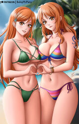 Rule 34 | 2023, 2girls, arm tattoo, artist name, baileymcpatty, bikini, bleach, blue sky, bracelet, breasts, breasts squeezed together, cleavage, color connection, crossover, curvy, dated, female focus, front-tie bikini top, front-tie top, green bikini, grin, heart, heart hands, heart hands duo, highres, inoue orihime, jewelry, large breasts, legs, leotard, long hair, looking at viewer, matching hair/eyes, multi-strapped bikini bottom, multiple girls, nami (one piece), navel, o-ring, o-ring bikini, o-ring bottom, o-ring top, one piece, orange eyes, orange hair, parted lips, patreon username, side-tie bikini bottom, signature, sky, smile, striped bikini, striped clothes, swimsuit, tattoo, thighs, thong, thong leotard, trait connection, tree, underboob, very long hair, wide hips
