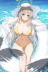 Rule 34 | 1girl, band (skymole01), bikini, blue archive, blush, breasts, commentary, feet out of frame, front-tie bikini top, front-tie top, green eyes, grey hair, hair between eyes, innertube, jacket, large breasts, long hair, long sleeves, looking at viewer, navel, nonomi (blue archive), nonomi (swimsuit) (blue archive), ocean, open clothes, open jacket, see-through, sitting, smile, solo, stomach, swim ring, swimsuit, thighs, very long hair, water, white headwear, yellow bikini