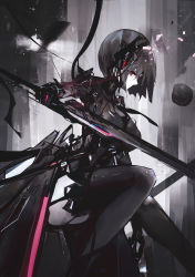 Rule 34 | 1girl, absurdres, armor, artist name, black hair, breasts, cell (acorecell), cyborg, dress, expressionless, glowing, glowing eyes, headgear, highres, holding, holding sword, holding weapon, huge filesize, joints, mecha musume, neon trim, original, pale skin, red eyes, robot joints, science fiction, short hair, solo, sword, weapon
