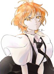 Rule 34 | 1other, androgynous, arms at sides, black necktie, collared shirt, eyelashes, floating clothes, gem uniform (houseki no kuni), hair between eyes, highres, houseki no kuni, looking at viewer, necktie, orange eyes, orange hair, other focus, parted lips, rokipanda, shirt, short hair, short sleeves, simple background, solo, suspenders, upper body, white background, white shirt, wide sleeves, zircon (houseki no kuni)