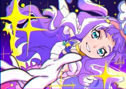Rule 34 | 1girl, aqua eyes, artist request, cure majesty, dark background, dress, ellee-chan, eyelashes, gloves, hair ornament, happy, highres, hirogaru sky! precure, long hair, looking at viewer, magical girl, precure, purple dress, purple hair, smile, solo, source request