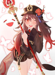 Rule 34 | 1girl, absurdres, black nails, blush, brown hair, chinese clothes, coat, coattails, flower, flower-shaped pupils, genshin impact, ghost, hair between eyes, hat, hat ornament, highres, hu tao (genshin impact), jewelry, long hair, long sleeves, looking at viewer, nail polish, one eye closed, onigiri yumi09, open mouth, plum blossoms, porkpie hat, red eyes, ring, shorts, staff of homa (genshin impact), symbol-shaped pupils, thighs, white background