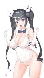 Rule 34 | 10s, 1girl, bell, black hair, blue eyes, blush, bottomless, bow, bowtie, breasts, cleavage, cleavage cutout, cleft of venus, clothing cutout, covered navel, dungeon ni deai wo motomeru no wa machigatteiru darou ka, embarrassed, female focus, gloves, hair bell, hair ornament, hair ribbon, harry (dudwofla), hestia (danmachi), highres, impossible clothes, impossible shirt, large breasts, long hair, looking at viewer, pussy, rei no himo, ribbed shirt, ribbon, shirt, simple background, sleeveless, sleeveless shirt, solo, standing, surprised arms, twintails, uncensored, white background, white gloves, white shirt