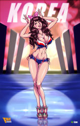 Rule 34 | 1girl, artist name, bikini, bow, breasts, brown hair, cleavage, commentary, d.va (overwatch), english commentary, facepaint, facial mark, faymantra, flag print, full body, hair bow, hands up, high heels, highres, jewelry, large breasts, lips, long hair, looking at viewer, nail polish, necklace, nose, one eye closed, overwatch, overwatch 1, solo, standing, stomach, swimsuit, toned, whisker markings