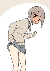 Rule 34 | 1girl, :&gt;, black eyes, blush, brown hair, clothes lift, commentary, flat color, full-face blush, juukyuu, lifted by self, looking at viewer, no panties, original, ponytail, school uniform, simple background, skirt, skirt lift, solid oval eyes, solo, v
