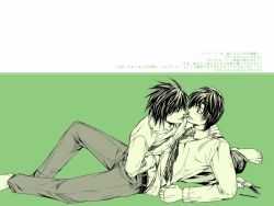 Rule 34 | 00s, 2boys, barefoot, candy, death note, food, l (death note), lying, male focus, matsuda touta, monochrome, multiple boys, necktie, pocky, pocky kiss, shared food, simple background, yaoi