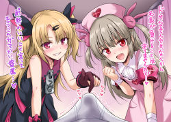 Rule 34 | 2girls, akatsuki uni, armband, blonde hair, blush, brief, bulge, clip studio paint, commentary request, crossover, curtains, erection, erection under clothes, fang, gloves, grey hair, grin, hair ornament, hair ribbon, hairclip, hat, long hair, looking at viewer, marugoshi (54burger), multiple girls, natori sana, nurse cap, open mouth, poking, red eyes, ribbon, sana channel, shaking, shirt, sleeveless, sleeveless shirt, smile, translation request, uni create, virtual youtuber