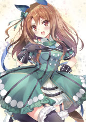 Rule 34 | 1girl, :d, animal ears, black gloves, black thighhighs, blush, bow, breasts, brown eyes, brown hair, center frills, collared shirt, commentary request, dress, frilled skirt, frilled thighhighs, frills, garter straps, gloves, green bow, green dress, hair between eyes, hair bow, hand up, head tilt, high heels, horse ears, horse girl, horse tail, king halo (umamusume), medium breasts, motoi ayumu, off-shoulder dress, off shoulder, one side up, open mouth, parted bangs, shirt, shoes, short sleeves, skirt, sleeveless, sleeveless shirt, smile, solo, tail, thighhighs, umamusume, white footwear, white shirt, white skirt