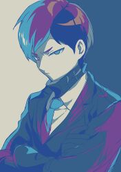 Rule 34 | 1boy, blue eyes, blue gloves, blue hair, blue jacket, blue necktie, blue sweater, brown eyes, closed mouth, collared shirt, commentary request, crossed arms, gloves, heterochromia, jacket, limited palette, lobotomy corporation, long sleeves, male focus, medu (rubish), multicolored hair, necktie, project moon, purple hair, ribbed sweater, scowl, shirt, short hair, solo, sweater, turtleneck, turtleneck sweater, upper body, white shirt, yesod (project moon)