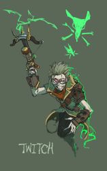 Rule 34 | 1boy, arrow (projectile), beard, bow (weapon), character name, crossbow, facial hair, goggles, green background, green hair, highres, league of legends, male focus, personification, pink eyes, sf jd, solo, twitch, weapon
