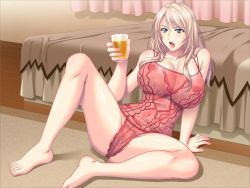 Rule 34 | 1girl, alcohol, bed, blonde hair, blue eyes, breasts, censored, cleavage, drink, female pubic hair, huge breasts, large breasts, lingerie, long hair, nipples, open mouth, pubic hair, see-through, sitting, solo, tagme, underwear