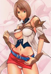 Rule 34 | 00s, 1girl, aqua eyes, ashelia b&#039;nargin dalmasca, bare shoulders, belt, blouse, blue belt, blue eyes, breasts, brown hair, clothes lift, contrapposto, cowboy shot, detached sleeves, final fantasy, final fantasy xii, flashing, green eyes, lifting own clothes, light smile, looking at viewer, medium breasts, microskirt, midriff, navel, nipple slip, nipples, no bra, outline, panties, pantyshot, red skirt, revealing clothes, shirt, shirt lift, short hair, side slit, skirt, solo, standing, underwear, white outline, white panties, zoom layer