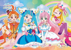 Rule 34 | 1boy, 3girls, ascot, blonde hair, blue bow, blue eyes, blue hair, bow, brooch, cure butterfly, cure prism, cure sky, cure wing, dress, earrings, fingerless gloves, gloves, green eyes, hat, hirogaru sky! precure, jewelry, long hair, magical boy, magical girl, mini hat, mini top hat, multiple girls, nijigaoka mashiro, official art, one eye closed, open mouth, orange gloves, orange hair, pink footwear, pink hair, pink headwear, pink skirt, precure, purple eyes, red eyes, single thighhigh, sitting, skirt, smile, sora harewataru, thighhighs, third-party source, top hat, twintails, very long hair, white dress, white gloves, wing brooch, wing hair ornament