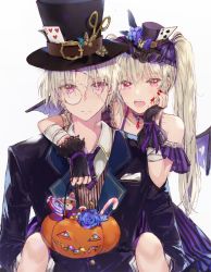Rule 34 | 1boy, 1girl, arm around shoulder, bandages, bat wings, blood, blood on face, blush, candy, candy cane, choker, dangmill, fangs, fingerless gloves, gloves, gothic lolita, halloween, halloween costume, hand on own face, hat, hat ornament, jack-o&#039;-lantern, lolita fashion, mini hat, mini top hat, mini wings, monocle, original, pink eyes, silver hair, stitches, top hat, twintails, vampire costume, waistcoat, wings