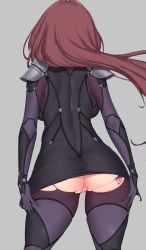 Rule 34 | 1girl, armor, ass, ass focus, ass grab, aster crowley, back, bodysuit, breasts, cleft of venus, fate (series), from behind, grey background, highres, large breasts, long hair, no panties, pauldrons, purple hair, pussy, scathach (fate), shoulder armor, simple background, solo, tattoo, thighs, torn bodysuit, torn clothes