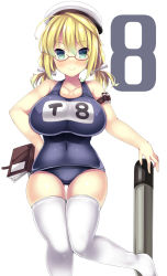 Rule 34 | 1girl, akikaze tsumuji, aqua eyes, blonde hair, blue eyes, breasts, cowboy shot, glasses, hair between eyes, hat, huge breasts, i-8 (kancolle), kantai collection, looking at viewer, low twintails, name tag, one-piece swimsuit, peaked cap, red-framed eyewear, sailor hat, school swimsuit, semi-rimless eyewear, simple background, smile, solo, standing, standing on one leg, swimsuit, swimsuit under clothes, thighhighs, torpedo, twintails, under-rim eyewear, white background, white thighhighs