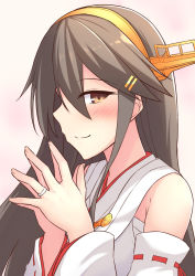 Rule 34 | 1girl, akahi242, bare shoulders, brown eyes, detached sleeves, from side, grey hair, hair ornament, hairclip, haruna (kancolle), highres, jewelry, kantai collection, long hair, looking at viewer, nontraditional miko, pink background, ring, simple background, smile, solo, upper body, wedding band