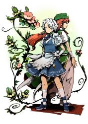 Rule 34 | 2girls, back-to-back, blue eyes, braid, china dress, chinese clothes, dress, female focus, flower, hat, hong meiling, hounori, izayoi sakuya, maid, md5 mismatch, multiple girls, plant, red eyes, red hair, short hair, silver hair, embodiment of scarlet devil, touhou, twin braids, vines