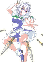 Rule 34 | 0002koko, 1girl, absurdres, apron, arm up, artist name, ass, blue eyes, blue footwear, blue skirt, blue vest, blush, bow, braid, breasts, closed mouth, commentary request, crossed bangs, danmaku, fighting stance, foot out of frame, frilled skirt, frills, green bow, green ribbon, grey hair, hair between eyes, hair bow, highres, holding, holding knife, incoming attack, izayoi sakuya, knee up, knife, lips, looking at viewer, maid, maid headdress, mary janes, medium breasts, medium hair, neck ribbon, outstretched arm, outstretched hand, panties, pantyshot, puffy short sleeves, puffy sleeves, ribbon, serious, shirt, shoes, short sleeves, simple background, skirt, slit pupils, solo, standing, standing on one leg, thigh strap, touhou, tsurime, twin braids, underwear, vest, waist apron, white apron, white background, white panties, white shirt