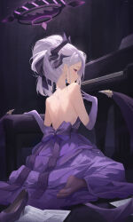 Rule 34 | 1girl, absurdres, black horns, black pantyhose, blue archive, blush, closed mouth, dangle earrings, demon horns, demon wings, doodle sensei (blue archive), dress, earrings, elbow gloves, gloves, grey hair, halo, high heels, highres, hina (blue archive), hina (dress) (blue archive), horns, instrument, jewelry, long hair, midori xu, multiple horns, necklace, official alternate costume, pantyhose, piano, purple dress, purple eyes, purple footwear, purple gloves, purple wings, sensei (blue archive), sheet music, solo, strapless, strapless dress, toes, wings