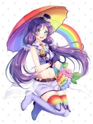 Rule 34 | 10s, 1girl, :d, belt, blush, boots, collared shirt, collared vest, crop top, cropped vest, flower, gloves, green eyes, hat, holding, holding umbrella, hoshisakura (starblossom), jumping, long hair, looking at viewer, love live!, love live! school idol festival, love live! school idol project, low twintails, midriff, mini hat, multicolored clothes, multicolored legwear, multicolored neckwear, navel, necktie, open mouth, purple footwear, purple gloves, purple hair, rainbow gradient, scrunchie, shirt, smile, solo, thigh boots, thighhighs, tojo nozomi, twintails, umbrella, very long hair, vest, water drop, white shirt