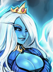 Rule 34 | 1girl, adventure time, blue eyes, blue lips, blue skin, breasts, choker, cleavage, cleavage cutout, clothing cutout, colored skin, crown, eyebrows, eyelashes, gender request, genderswap, hair over one eye, ice queen (adventure time), large breasts, lipstick, long hair, makeup, maniacpaint, nose, queen, solo, upper body, white hair