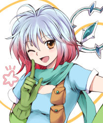 Rule 34 | 1girl, akina tsukako, antenna hair, blue shirt, gloves, multicolored hair, one eye closed, open mouth, pascal (tales), shirt, short hair, solo, tales of (series), tales of graces, two-tone hair, wink