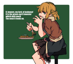Rule 34 | 1girl, absurdres, black skirt, blonde hair, border, brown shirt, commentary request, english text, feet out of frame, food, fork, green background, green eyes, hair between eyes, half updo, highres, holding, holding fork, invisible table, looking at viewer, looking to the side, mizuhashi parsee, nal (naru-1), open mouth, othello, pasta, pointy ears, sash, scarf, shirt, short hair, short ponytail, simple background, sitting, skirt, solo, spaghetti, stool, touhou, white border, white sash, white scarf