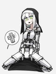Rule 34 | 1girl, :o, android, commentary, english commentary, green eyes, grey background, habit, highres, humanoid robot, looking ahead, mechanical parts, medium hair, neonfloyd, nun, open mouth, original, robot, science fiction, solo, squatting, white hair