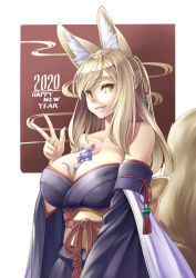 Rule 34 | 1girl, 2020, animal ear fluff, animal ears, bare shoulders, between breasts, blonde hair, breasts, cleavage, collarbone, detached sleeves, fox ears, fox tail, highres, japanese clothes, kazuki seihou, large breasts, long hair, looking at viewer, mouse (animal), new year, obi, off shoulder, original, sash, smile, solo, swept bangs, tail, touka (kazuki seihou), upper body, v